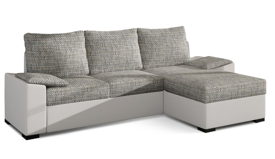 Canapé angle convertible et réversible simili blanc et tissu gris chiné Luzo 245 cm - Photo n°1