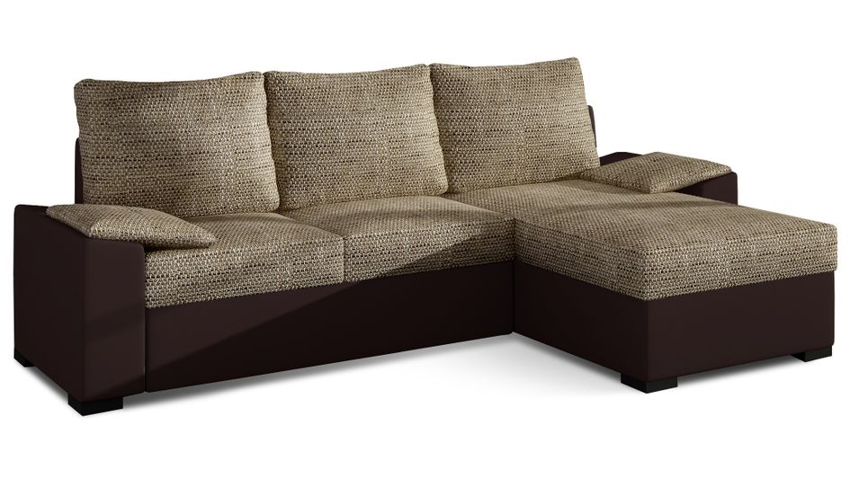 Canapé angle convertible et réversible simili marron et tissu beige clair chiné Luzo 245 cm - Photo n°1