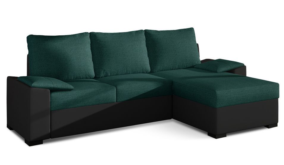 Canapé angle convertible et réversible simili noir et tissu vert foncé Luzo 245 cm - Photo n°1