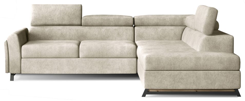 Canapé angle droit convertible tissu beige avec têtières réglables Nikos 265 cm - Photo n°1