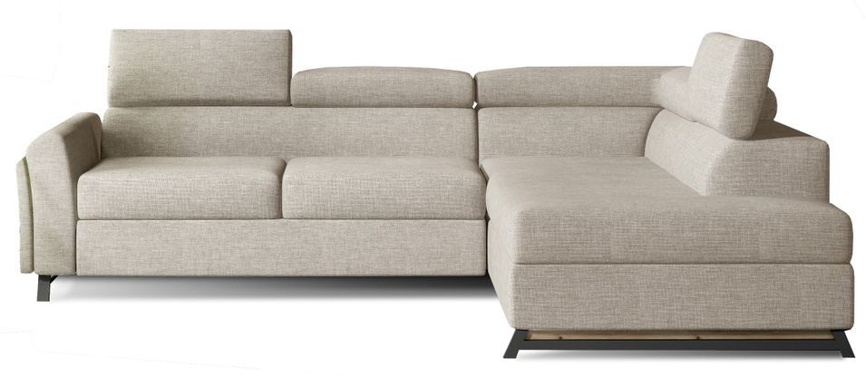 Canapé angle droit convertible tissu beige clair avec têtières réglables Nikos 265 cm - Photo n°1