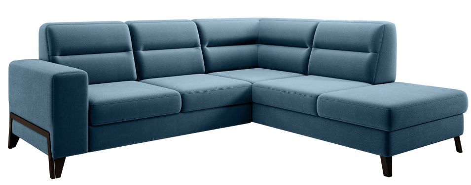 Canapé angle droit convertible tissu bleu canard et pieds acier noir Kassidi 277 cm - Photo n°1