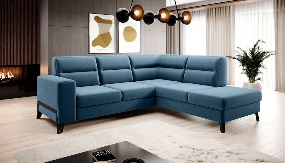 Canapé angle droit convertible tissu bleu canard et pieds acier noir Kassidi 277 cm - Photo n°2