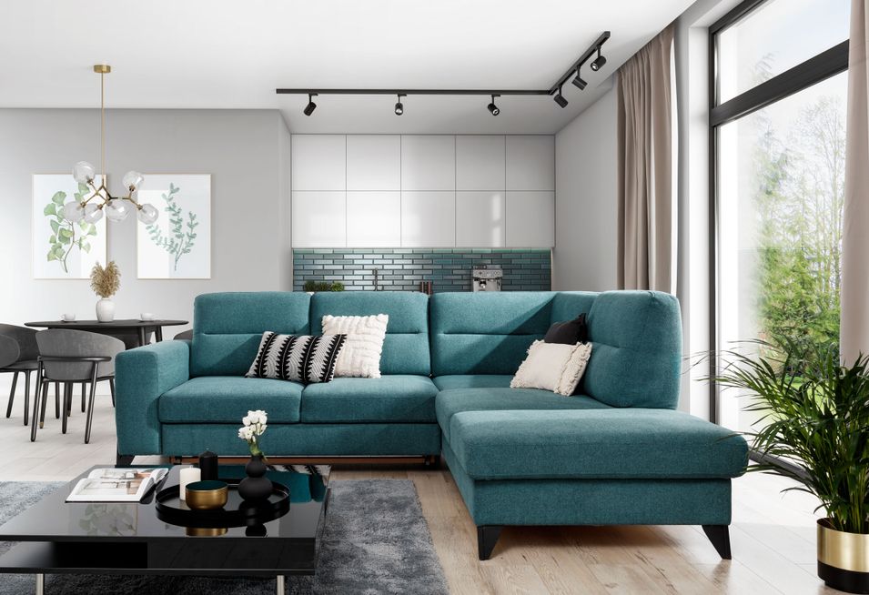 Canapé angle droit convertible tissu bleu canard et pieds acier noir Kassidi 277 cm - Photo n°5
