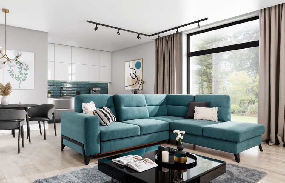 Canapé angle droit convertible tissu bleu canard et pieds acier noir Kassidi 277 cm - Photo n°7