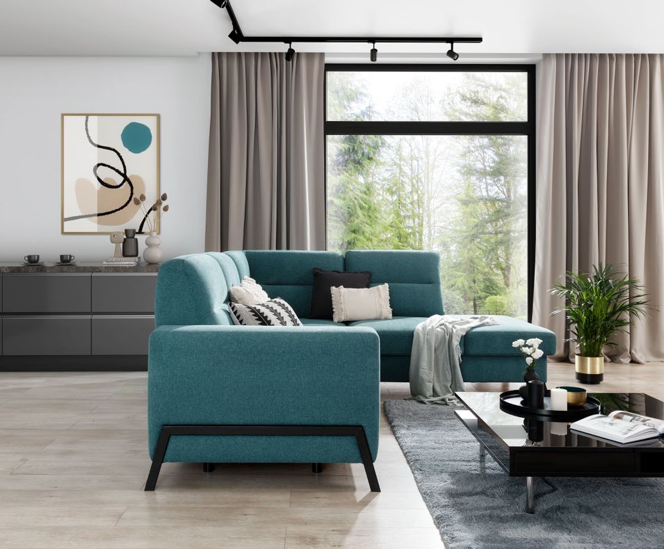 Canapé angle droit convertible tissu bleu canard et pieds acier noir Kassidi 277 cm - Photo n°8
