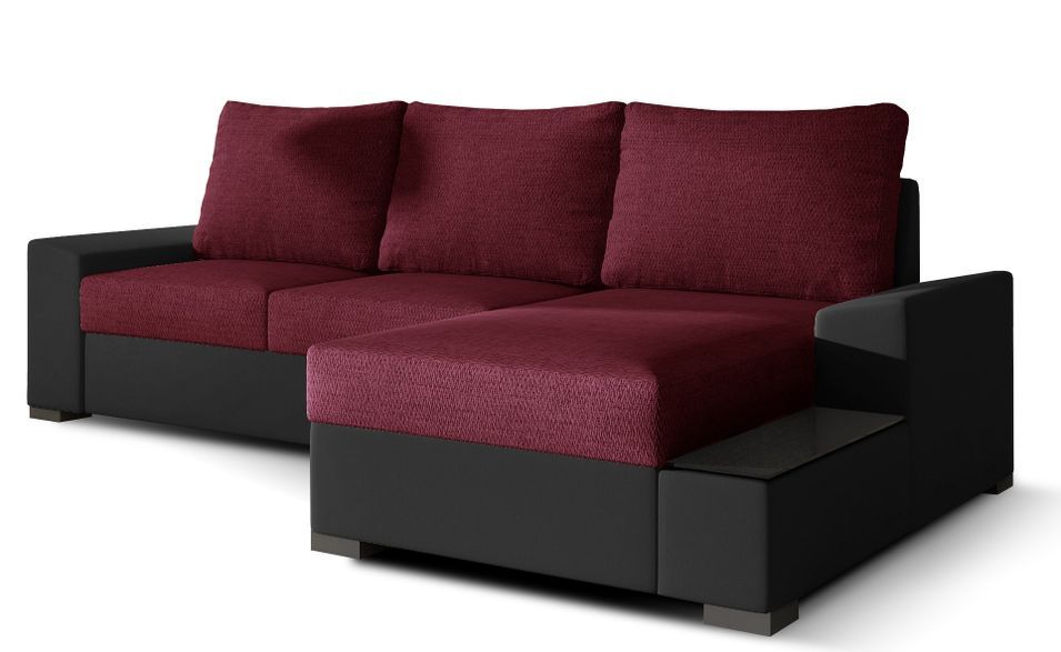 Canapé angle droit convertible tissu bordeaux et simili noir James 245 cm - Photo n°1