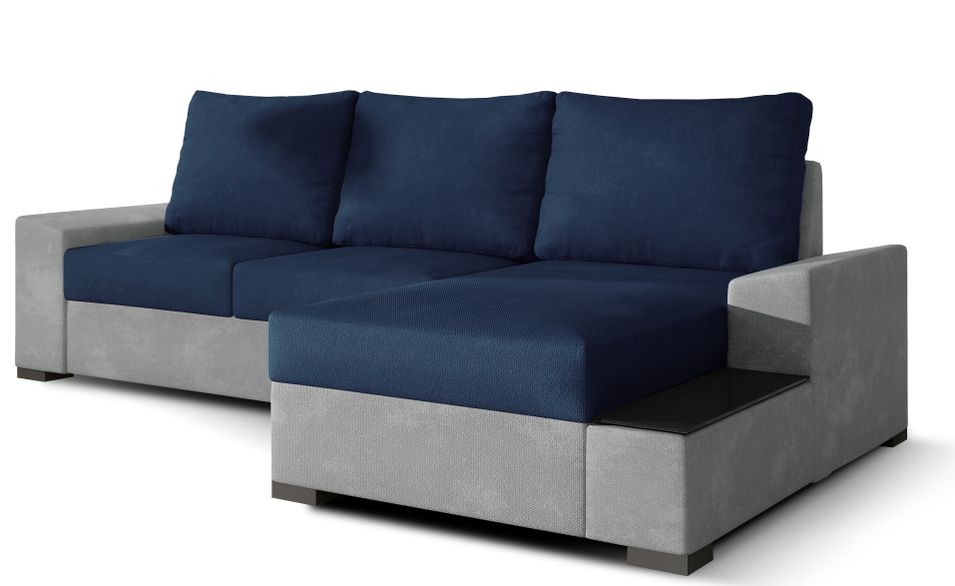 Canapé angle droit convertible tissu doux gris clair et bleu foncé James 245 cm - Photo n°1