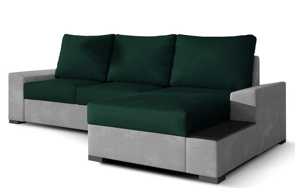 Canapé angle droit convertible tissu doux gris clair et vert foncé James 245 cm - Photo n°1