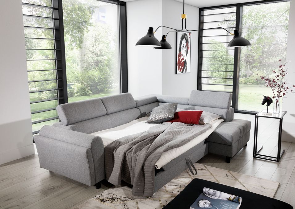 Canapé angle droit convertible tissu vert d'eau avec têtières réglables Nikos 265 cm - Photo n°6