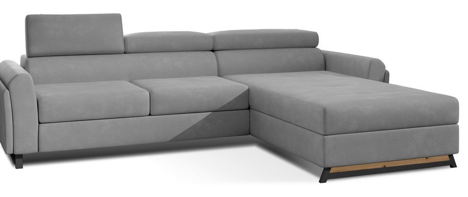 Canapé angle droit convertible velours gris clair avec appuis-tête réglables Mazerali 300 cm - Photo n°1