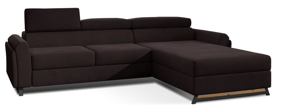 Canapé angle droit convertible velours marron foncé avec appuis-tête réglables Mazerali 300 cm - Photo n°1