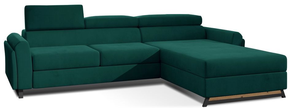 Canapé angle droit convertible velours vert foncé avec appuis-tête réglables Mazerali 300 cm - Photo n°1