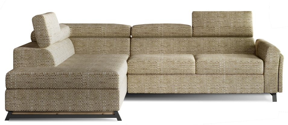 Canapé angle gauche convertible tissu beige chiné avec têtières réglables Nikos 265 cm - Photo n°1