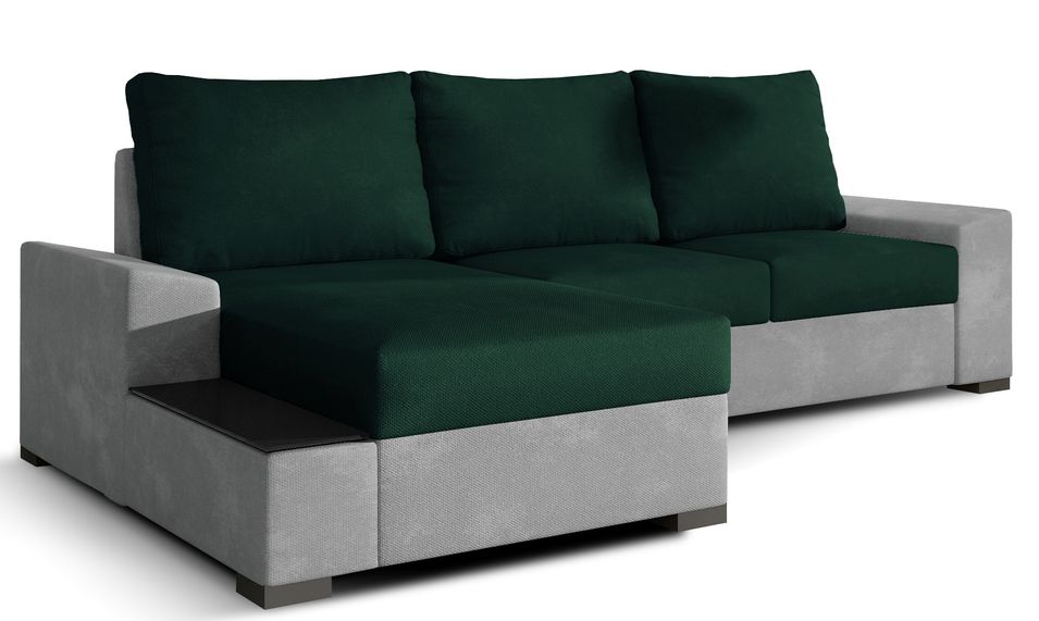 Canapé angle gauche convertible tissu doux gris clair et vert foncé James 245 cm - Photo n°1