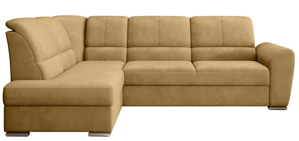 Canapé angle gauche convertible tissu doux jaune et pieds acier chromé Zabor 270 cm - Photo n°1