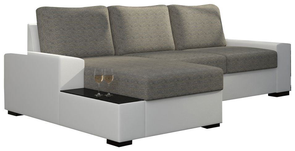 Canapé angle gauche convertible tissu gris chiné et simili blanc James 245 cm - Photo n°1