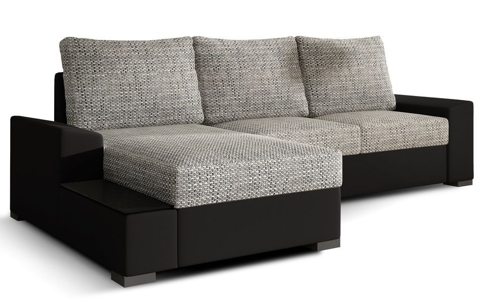 Canapé angle gauche convertible tissu gris chiné et simili noir James 245 cm - Photo n°1