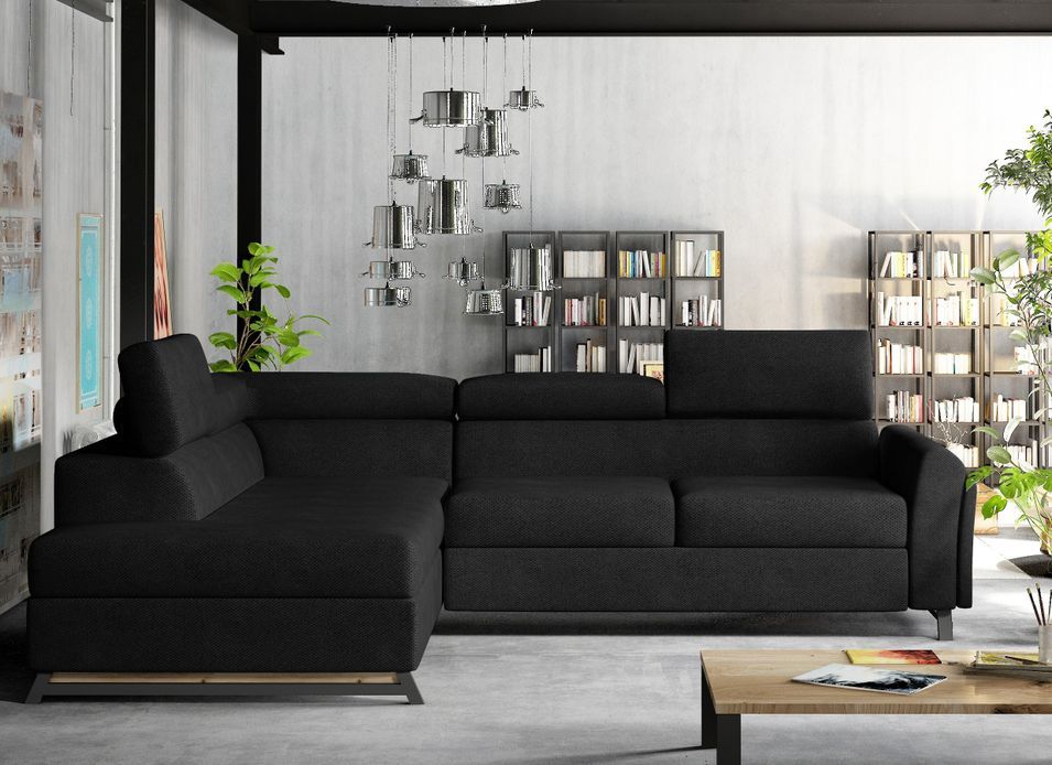 Canapé angle gauche convertible tissu noir avec têtières réglables Nikos 265 cm - Photo n°1