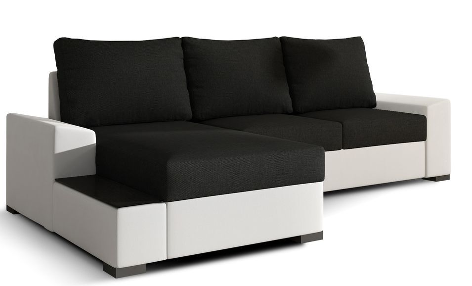 Canapé angle gauche convertible tissu noir et simili blanc James 245 cm - Photo n°1