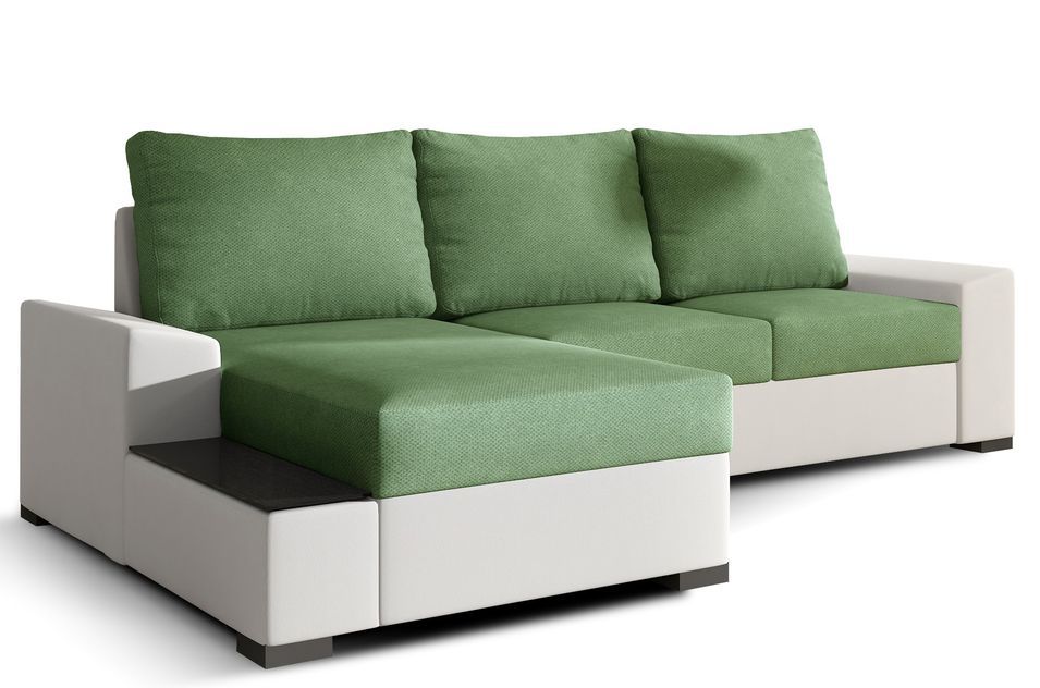 Canapé angle gauche convertible tissu vert clair et simili blanc James 245 cm - Photo n°1