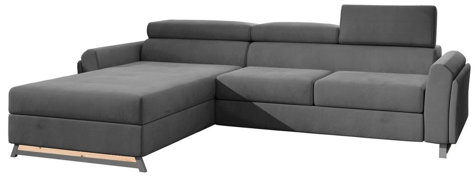 Canapé angle gauche convertible velours anthracite avec appuis-tête réglables Mazerali 300 cm - Photo n°1