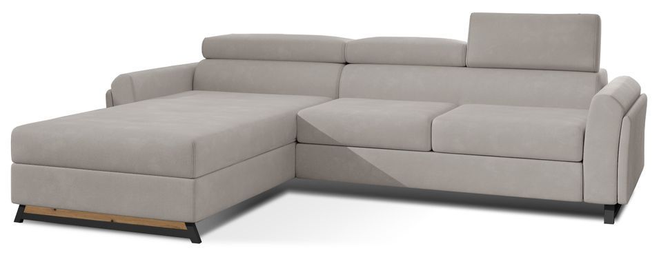 Canapé angle gauche convertible velours beige clair avec appuis-tête réglables Mazerali 300 cm - Photo n°1