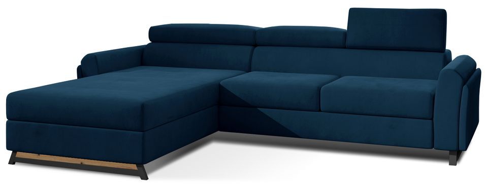 Canapé angle gauche convertible velours bleu foncé avec appuis-tête réglables Mazerali 300 cm - Photo n°1