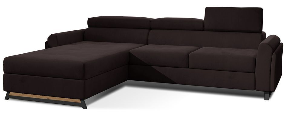 Canapé angle gauche convertible velours marron foncé avec appuis-tête réglables Mazerali 300 cm - Photo n°1