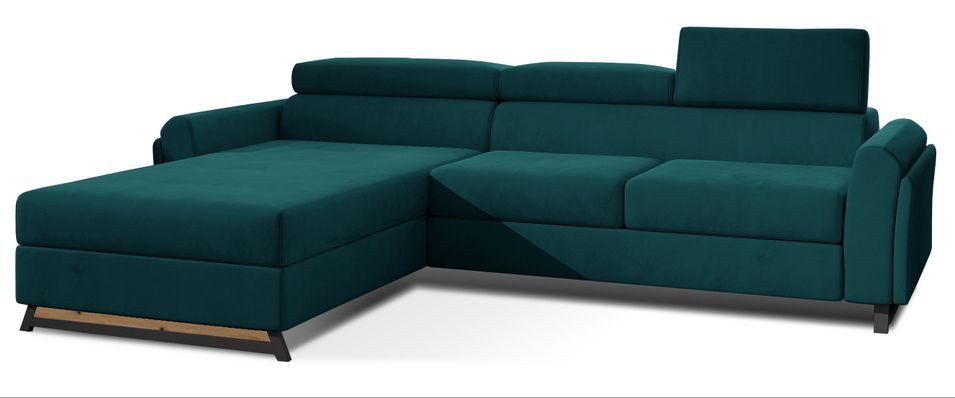 Canapé angle gauche convertible velours vert pin avec appuis-tête réglables Mazerali 300 cm - Photo n°1