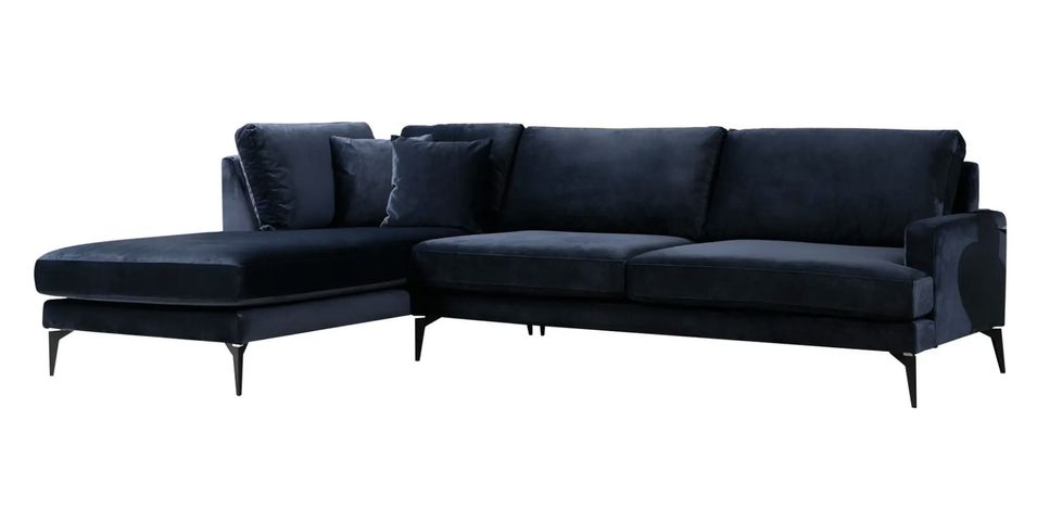 Canapé angle gauche design tissu velouté bleu marine Kombaz 283 cm - Photo n°1