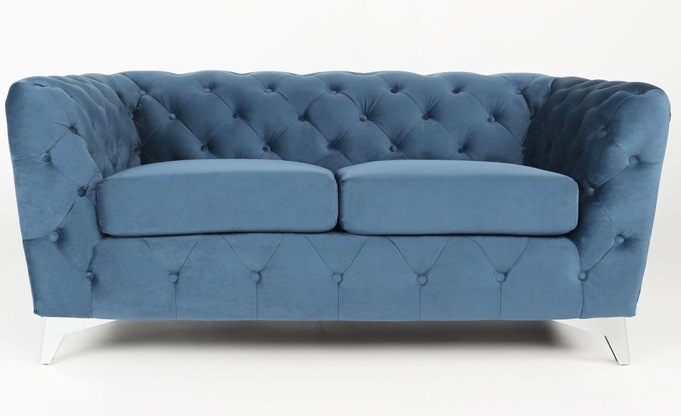 Canapé capitonné 2 places velours bleu et pieds métal Tosca - Photo n°1
