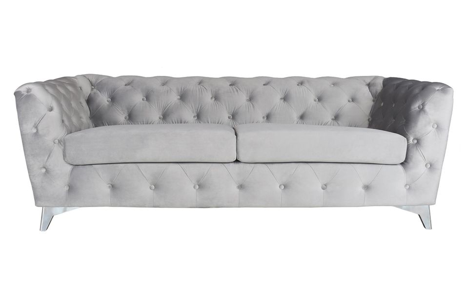Canapé capitonné 3 places velours argenté et pieds métal Tosca - Photo n°1