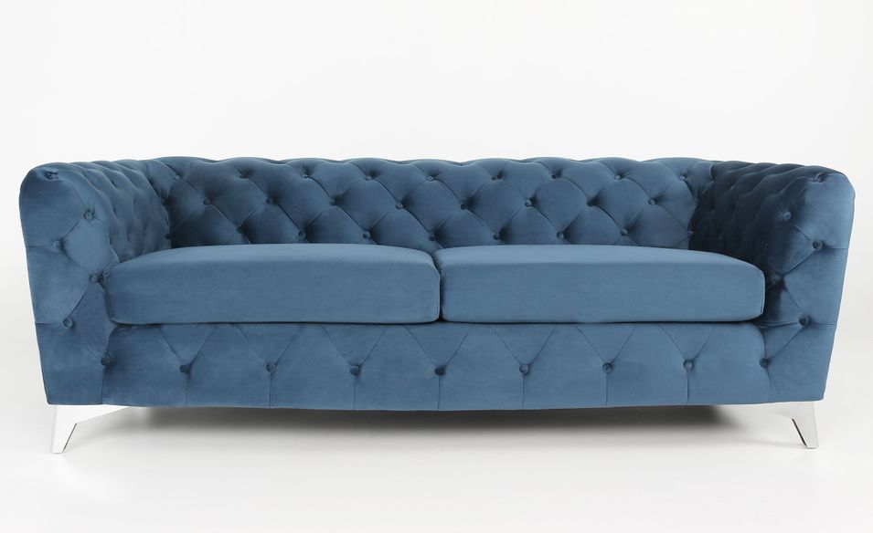 Canapé capitonné 3 places velours bleu et pieds métal Tosca - Photo n°1