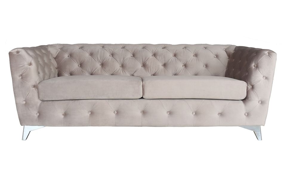 Canapé capitonné 3 places velours taupe et pieds métal Tosca - Photo n°1