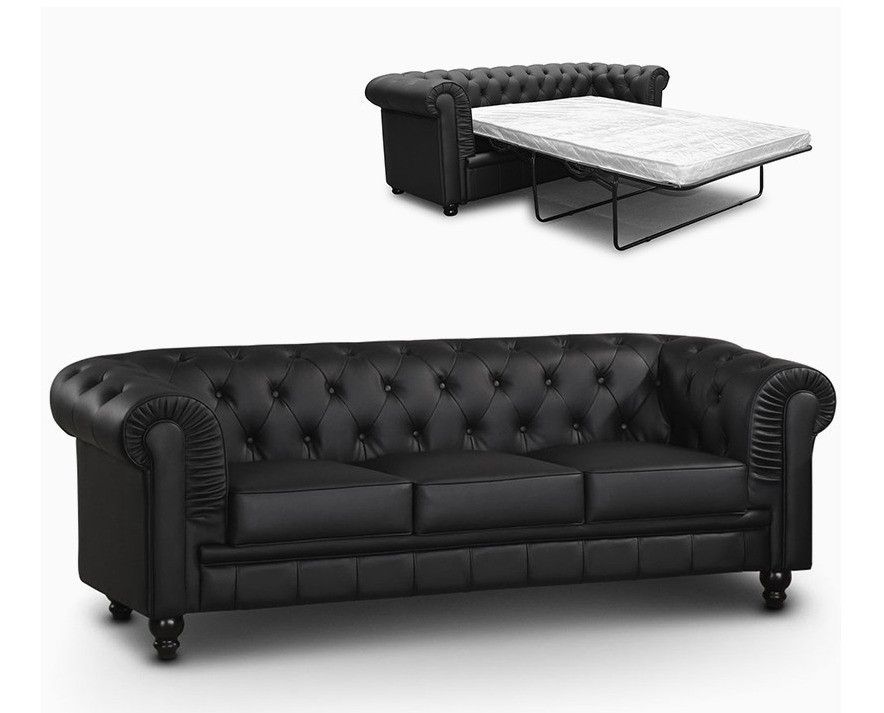 Canapé chesterfield 3 places convertible simili cuir noir Omir - Photo n°1