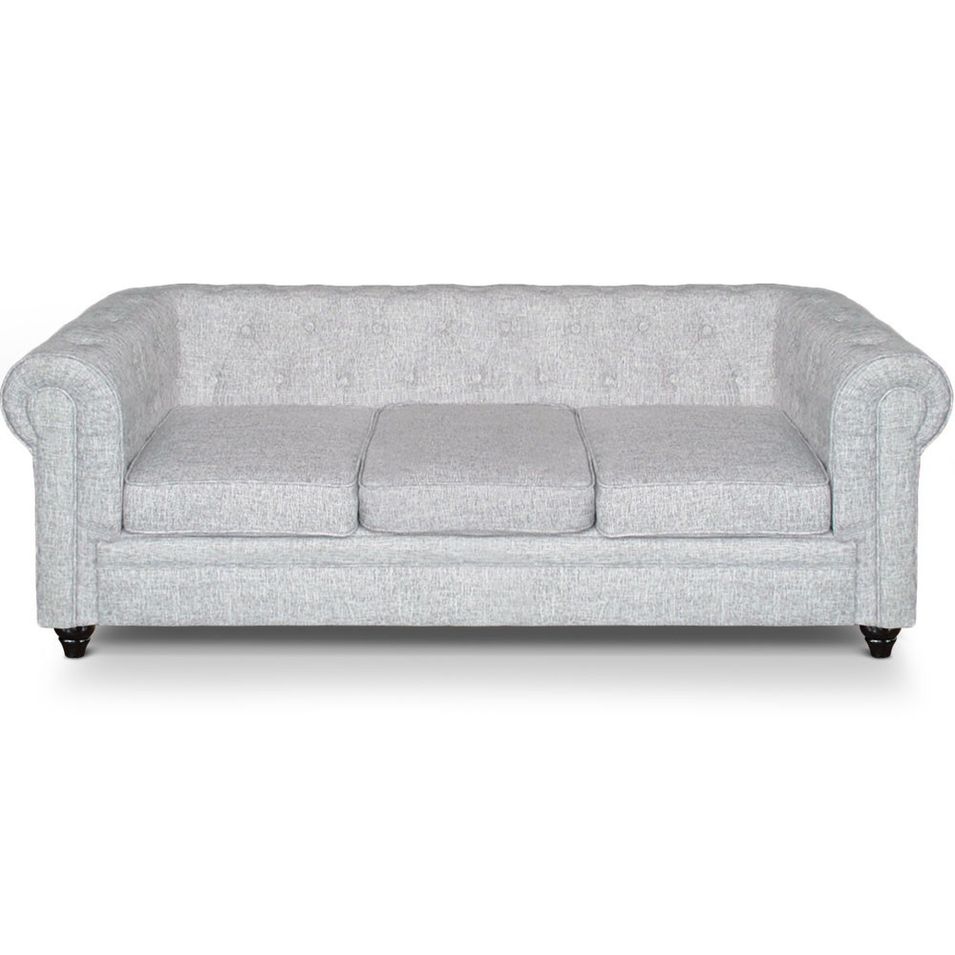 Canapé Chesterfield 3 places effet lin gris clair British - Photo n°1