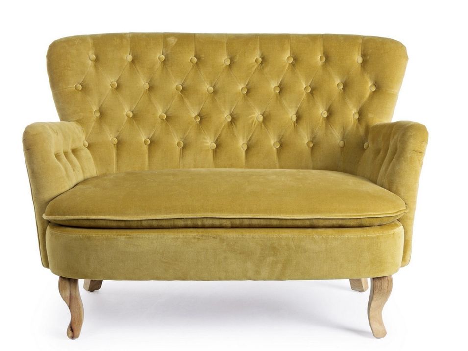 Canapé chesterfield ORIA – 2 places, coton matelassé jaune & pieds en bois naturel - Photo n°1