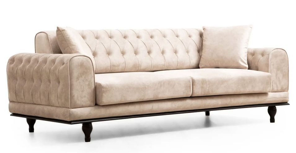 Canapé convertible 3 places capitonné velours beige Dolane 220 cm - Photo n°1