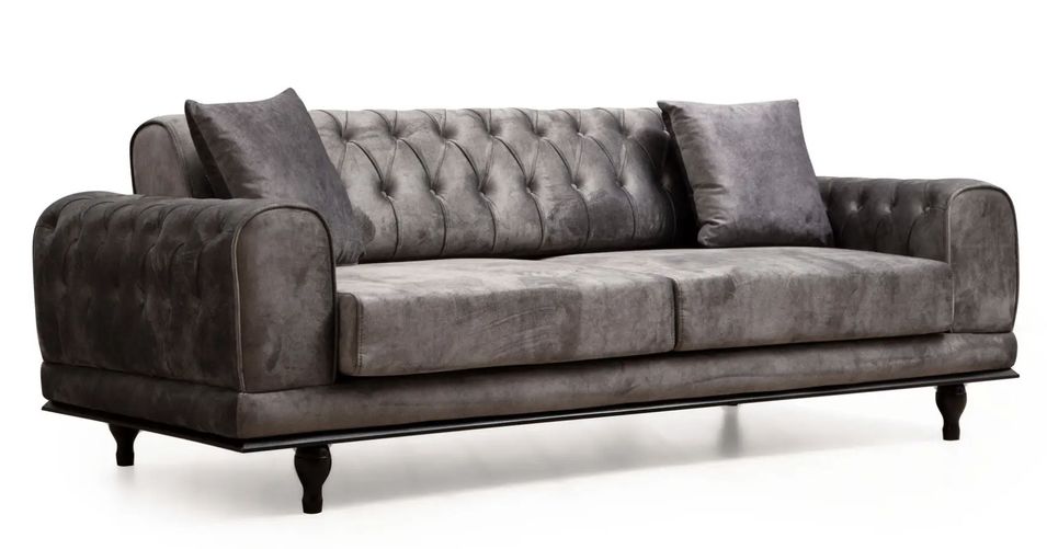 Canapé convertible 3 places capitonné velours gris foncé Dolane 220 cm - Photo n°1