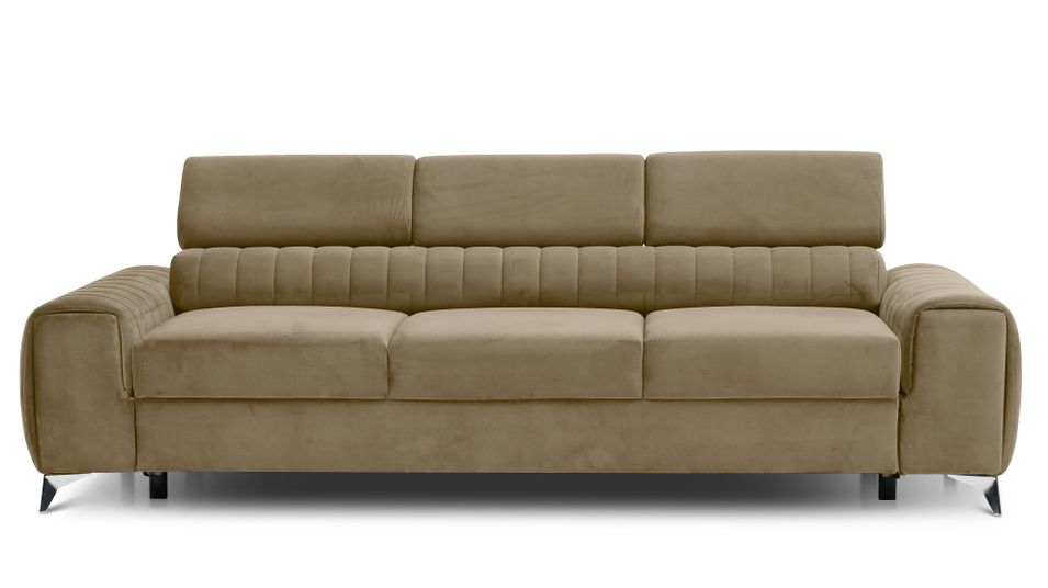 Canapé convertible 4 places velours LOZA 261 cm - Appuis-tête réglables et pieds acier chromé - Photo n°1