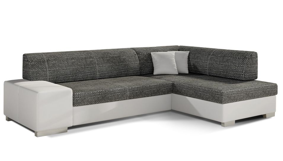 Canapé convertible angle droit simili cuir blanc et tissu noir chiné Polky 272 cm - Photo n°1