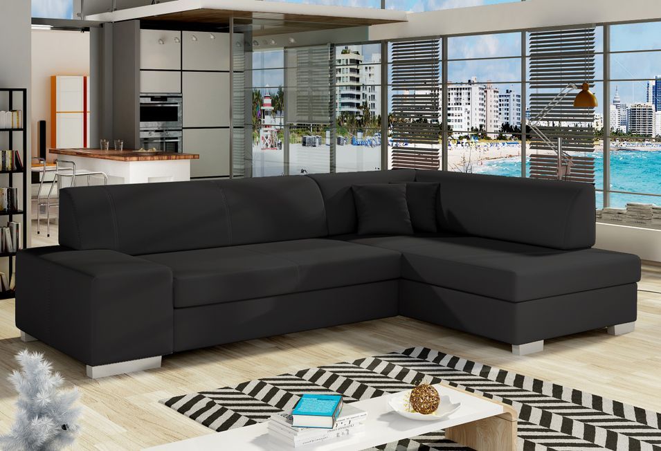 Canapé convertible angle droit simili cuir noir Polky 272 cm - Photo n°1