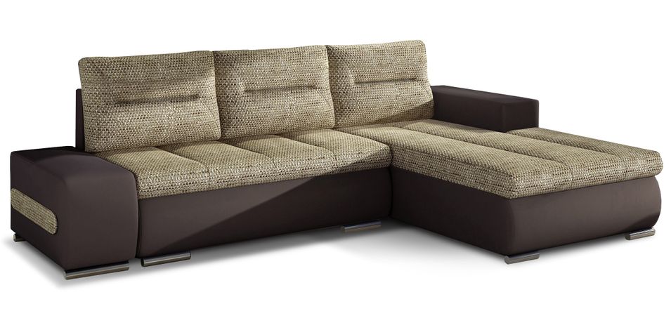 Canapé convertible angle droit tissu beige chiné et simili marron Waker 275 cm - Photo n°1