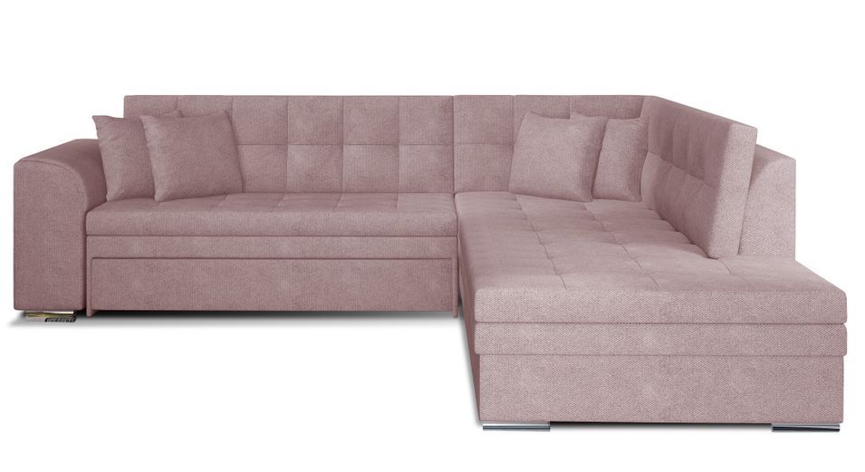 Canapé convertible angle droit tissu doux rose clair et chromé Pika 260 cm - Photo n°1