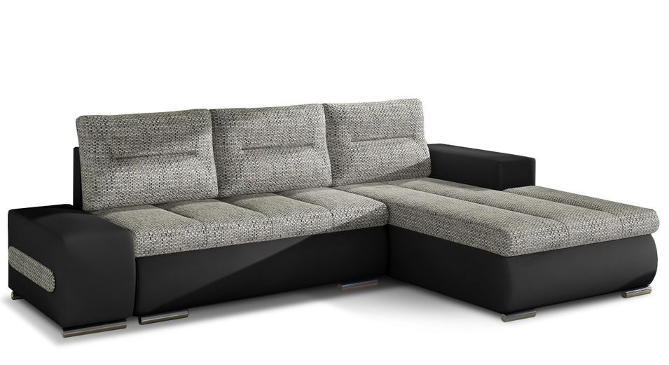 Canapé convertible angle droit tissu gris chiné et simili noir Waker 275 cm - Photo n°1