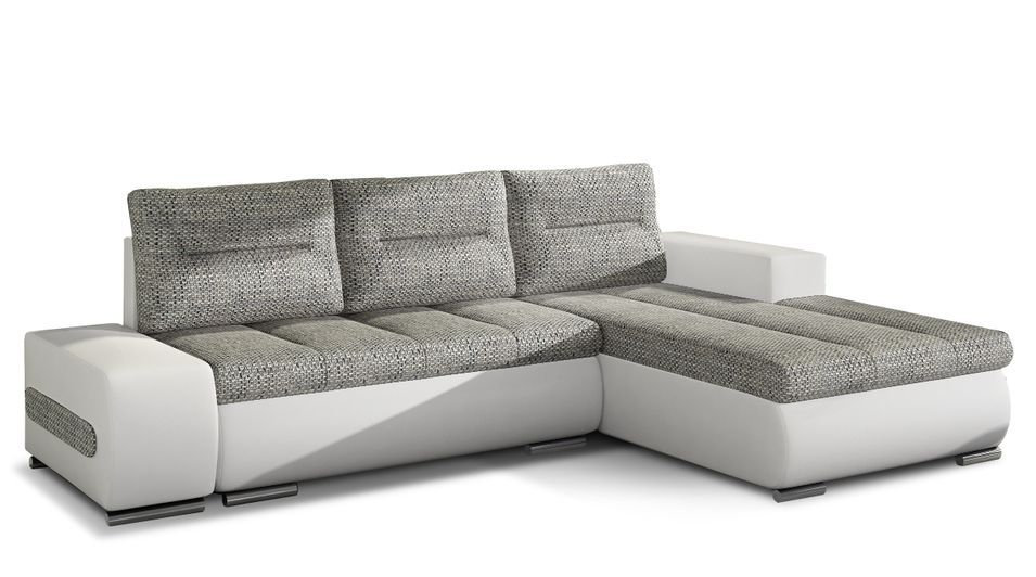 Canapé convertible angle droit tissu gris clair chiné et simili blanc Waker 275 cm - Photo n°1