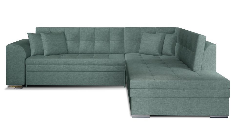 Canapé convertible angle droit tissu vert céladon et chromé Pika 260 cm - Photo n°1