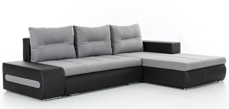 Canapé convertible angle droit tissu gris clair et simili noir Waker 275 cm - Photo n°1