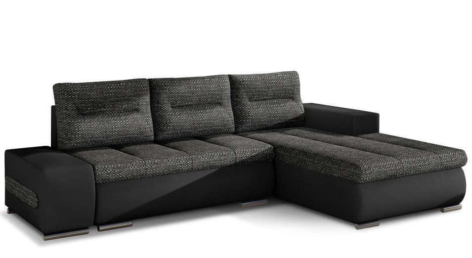 Canapé convertible angle gauche tissu noir chiné et simili noir Waker 275 cm - Photo n°1